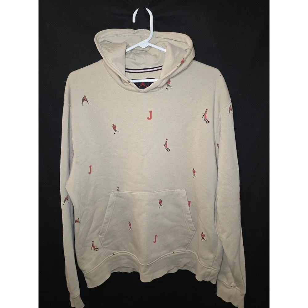 Air Jordan Men's MJ All Over Print Pullover Hoodie Sweatshirt Beige Size Medium